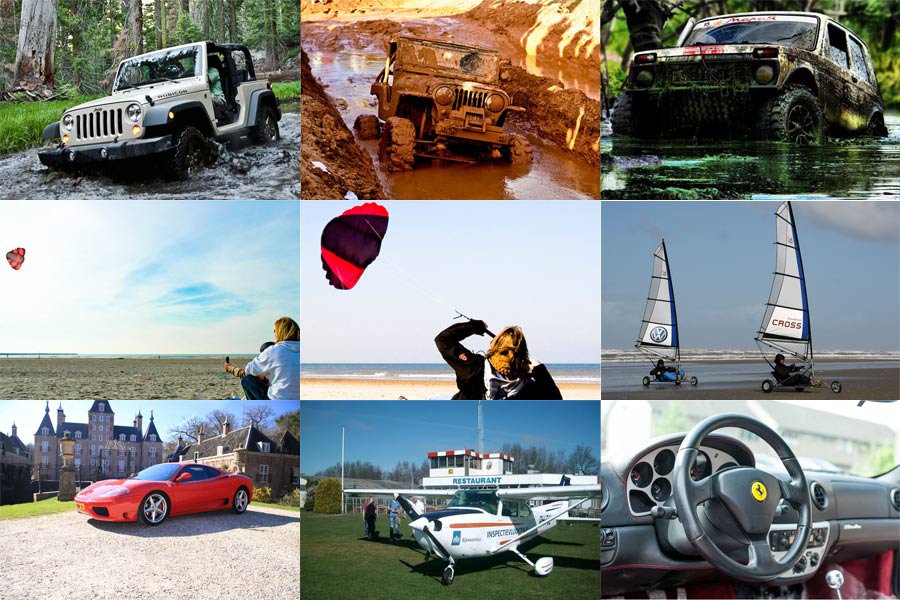Vliegen, off-road-crossen, rijden in een Ferrari en powerkiten op het strand!